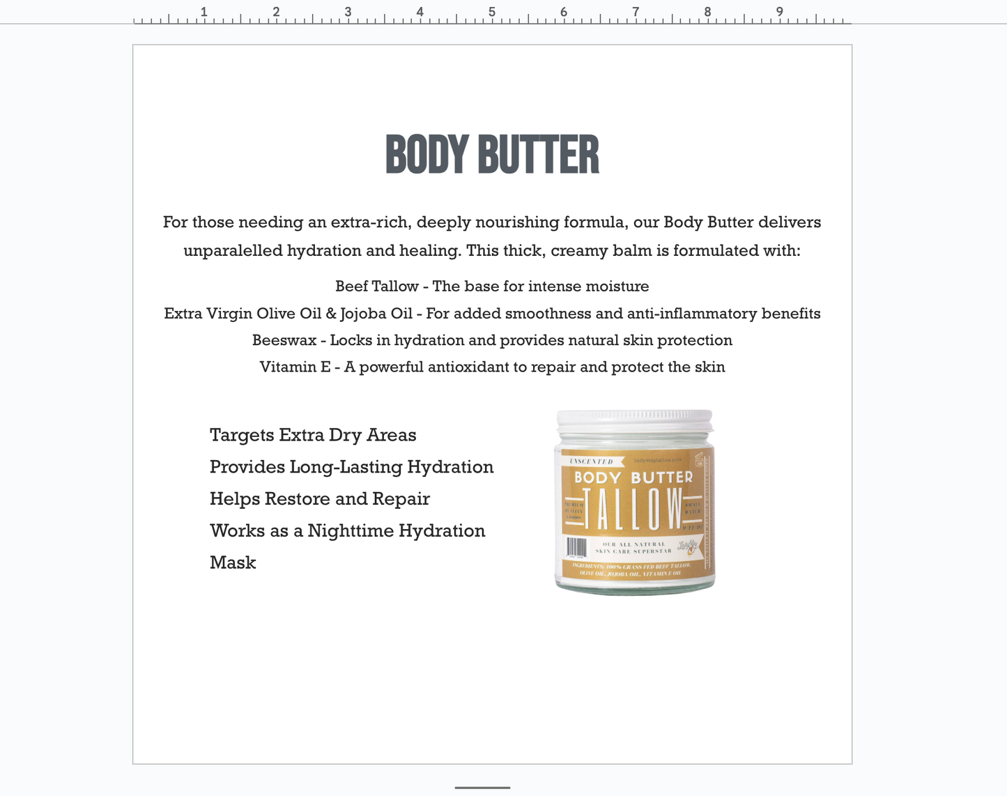 9oz Unscented Tallow Body Butter | All Natural Skincare