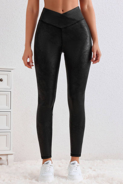 Black Crossed Dip Waist Sleek Leather Leggings