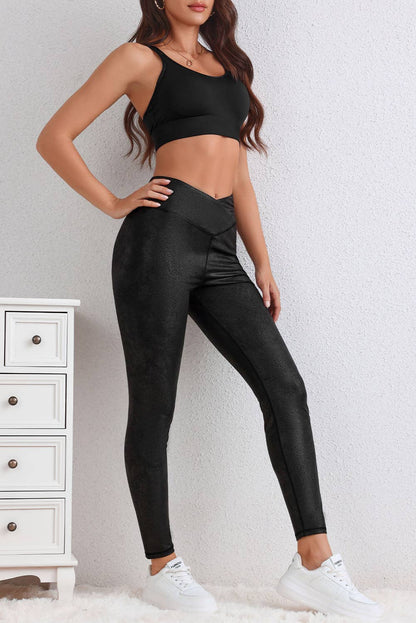 Black Crossed Dip Waist Sleek Leather Leggings