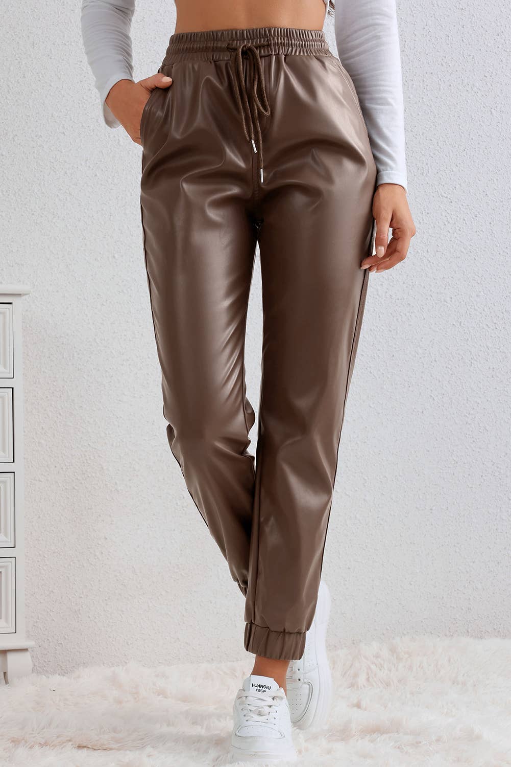 Brown Leather Tie Waist Jogger Pants