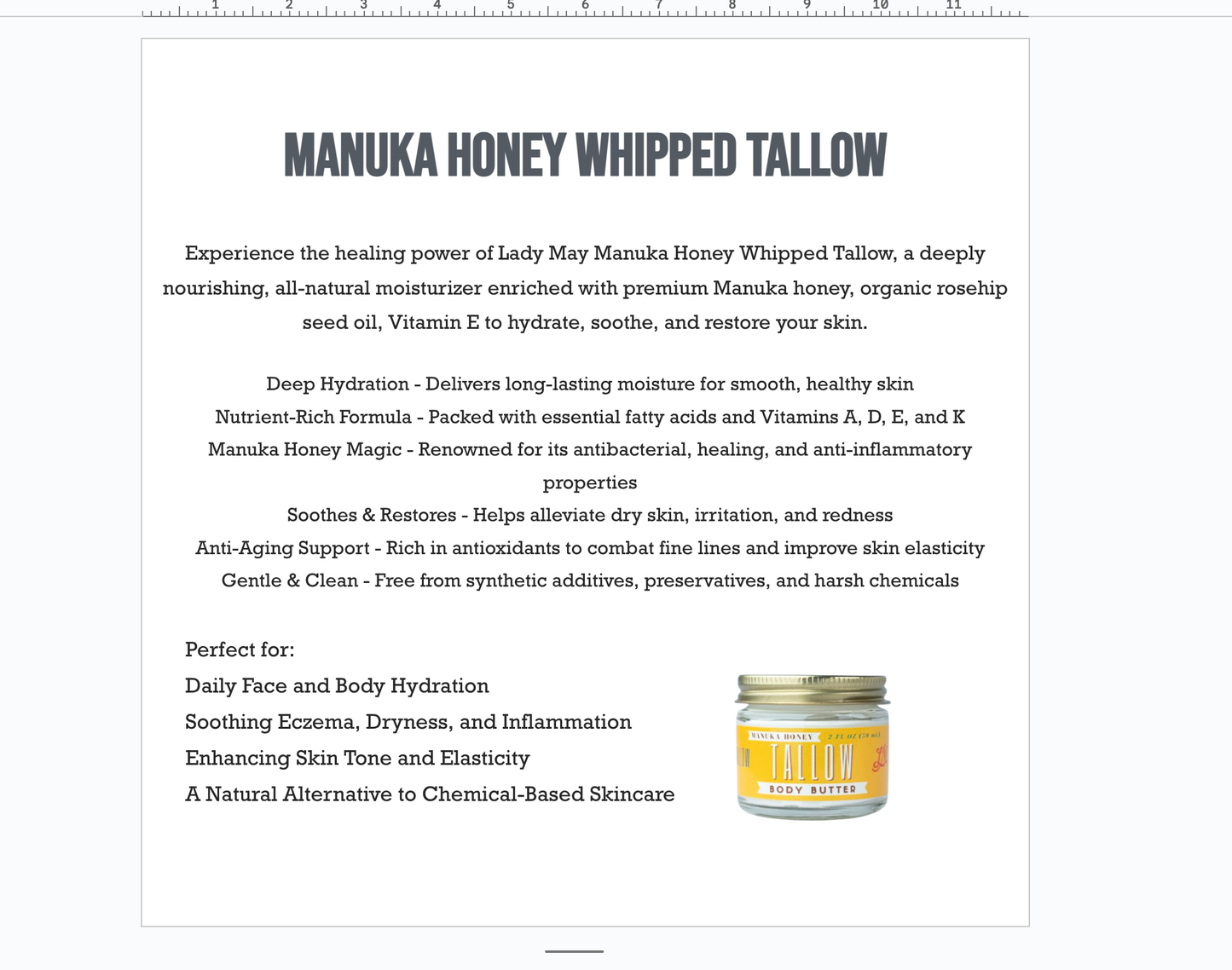 9oz Manuka Honey & Rosehip Tallow Body Butter