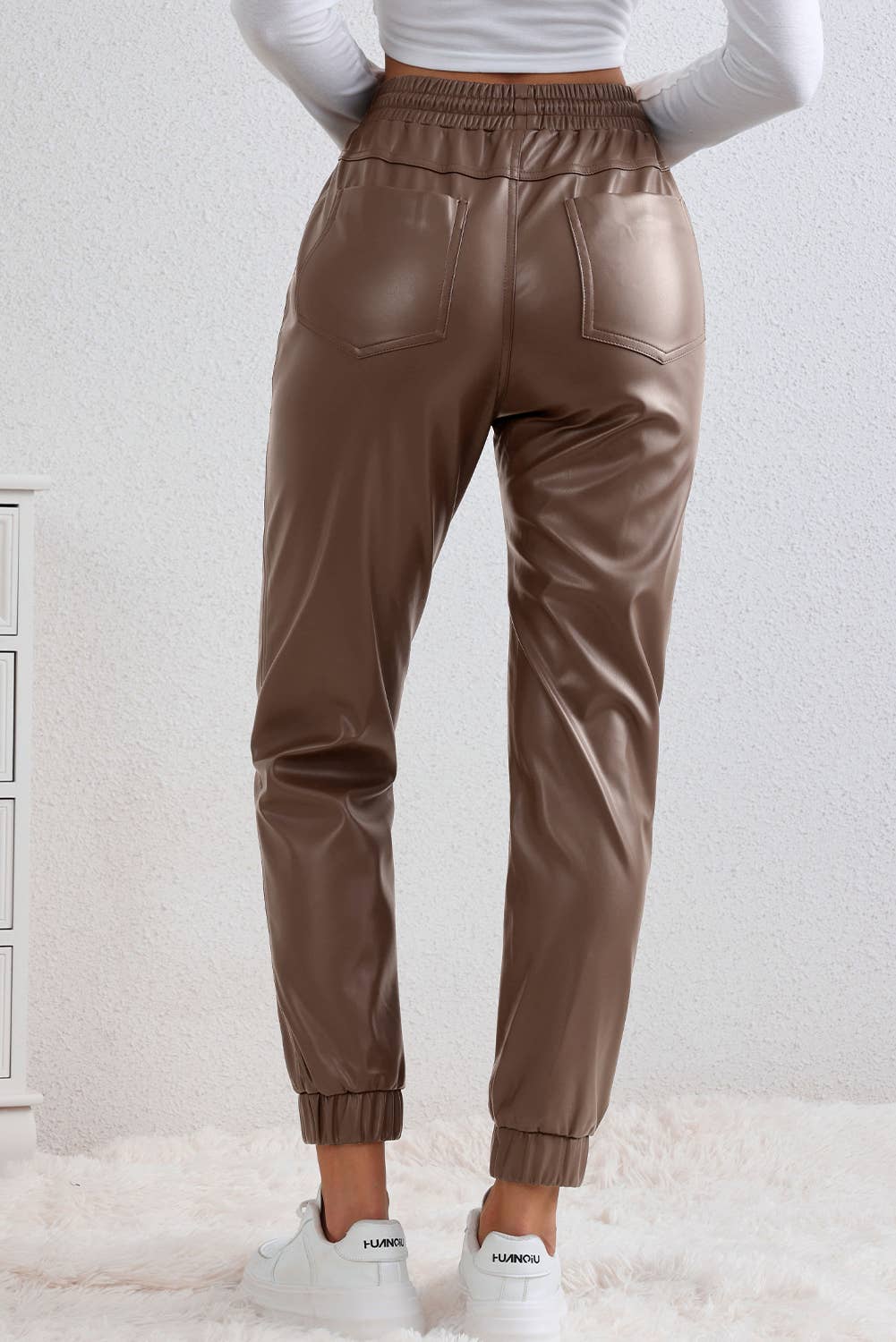 Brown Leather Tie Waist Jogger Pants