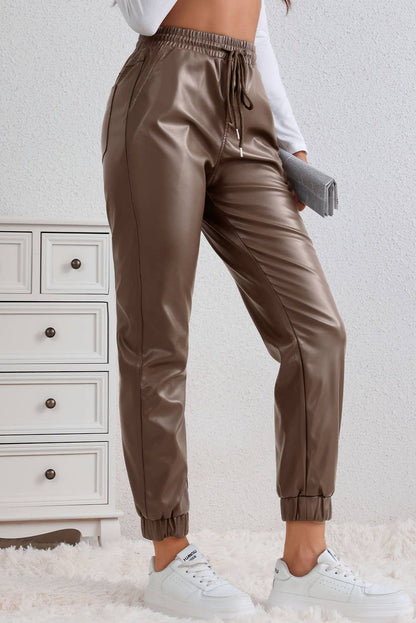 Brown Leather Tie Waist Jogger Pants