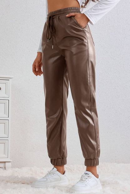 Brown Leather Tie Waist Jogger Pants